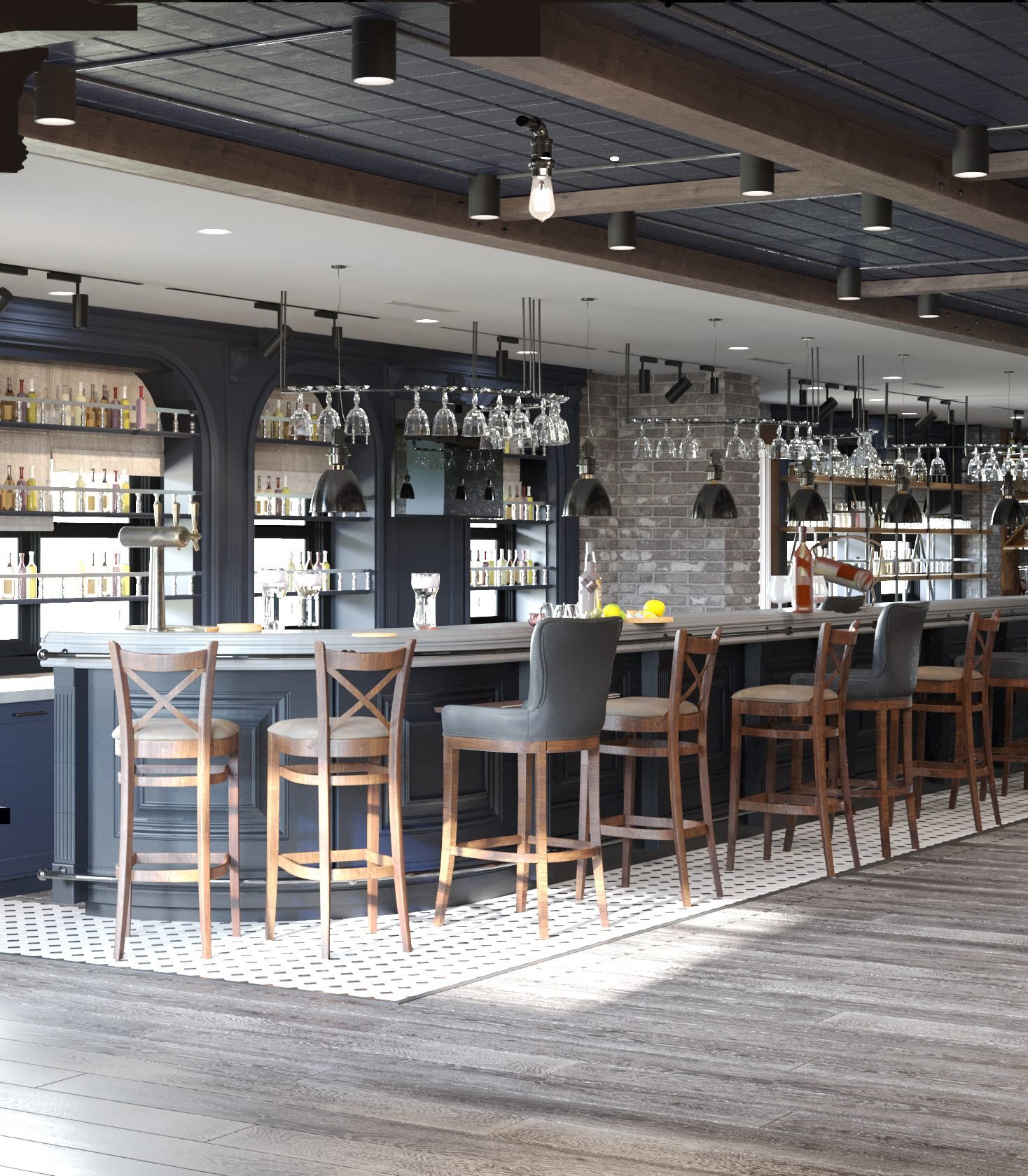Navy blue bar with brass rails, exposed brick, and hanging glassware — bar and restaurant in Brigantine, New Jersey