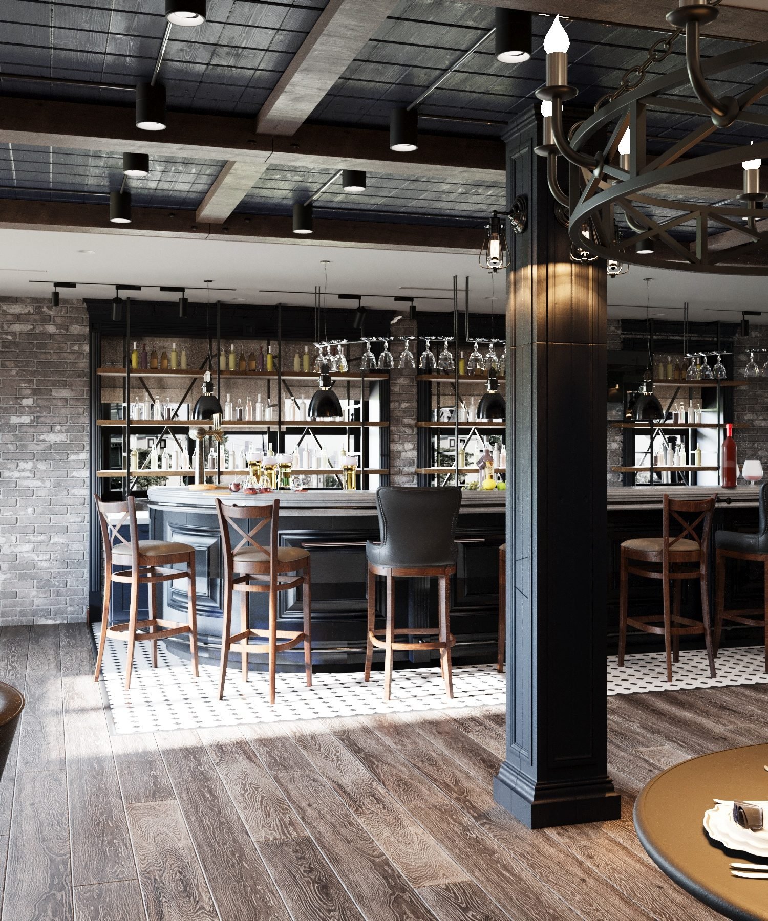 Round dark-wood bar with industrial pendants and brick walls — restaurant interior in Brigantine, New Jersey