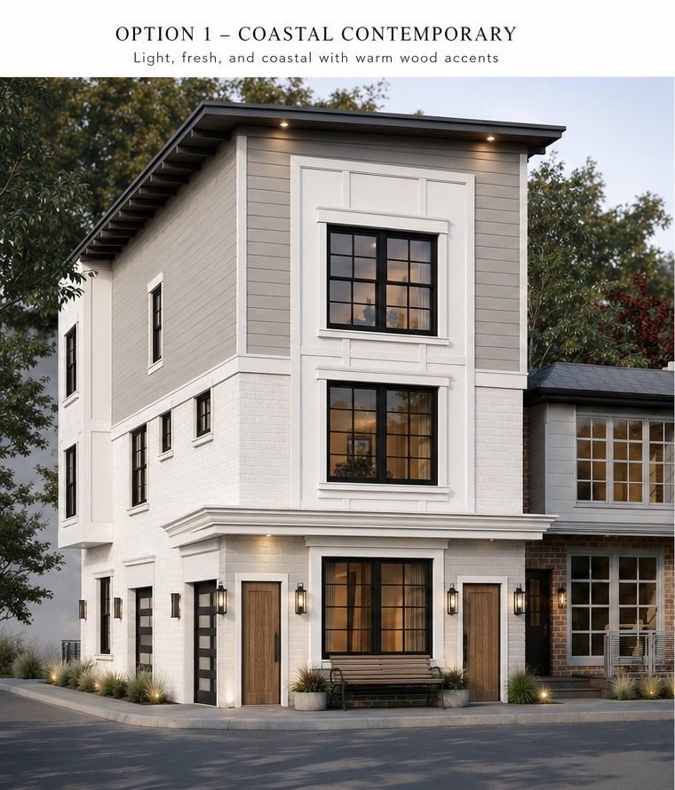 Coastal contemporary exterior option with light siding and warm wood doors — Churchill Residence