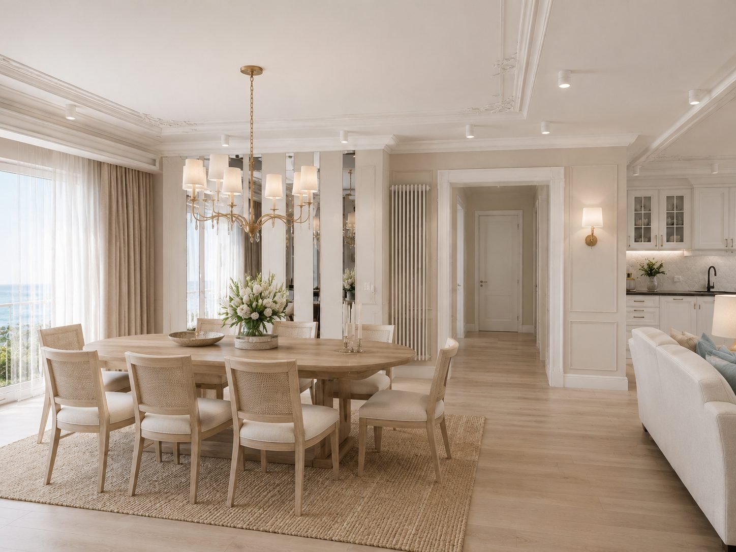 The same coastal dining room in an alternative furniture and styling option, with an oval oak table and cane chairs