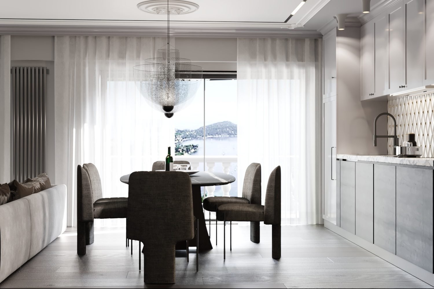 Dining table by a panoramic window with sea views — coastal apartment interior