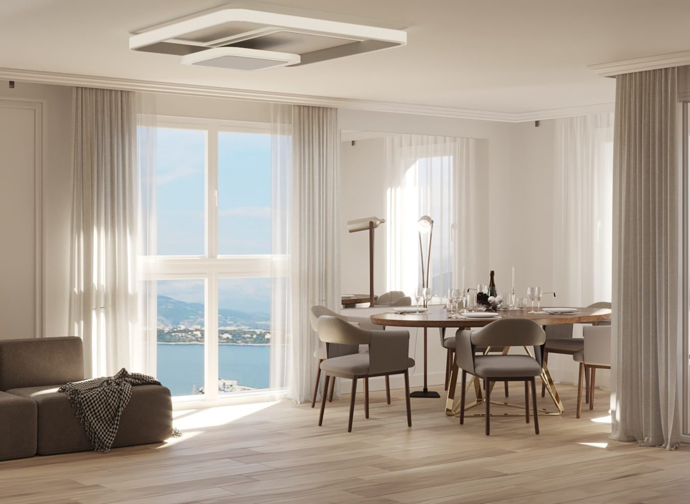 Coastal dining room option with light styling, green plants, and sea views through the balcony window