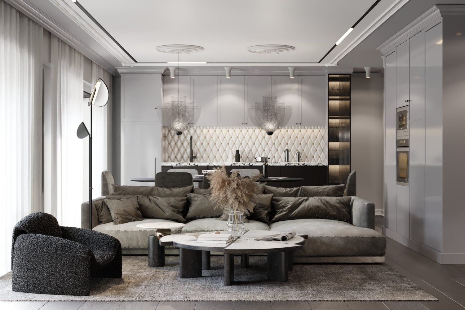 Open living room and kitchen in soft grays with a quilted marble backsplash, classic paneling, and coffered lighting