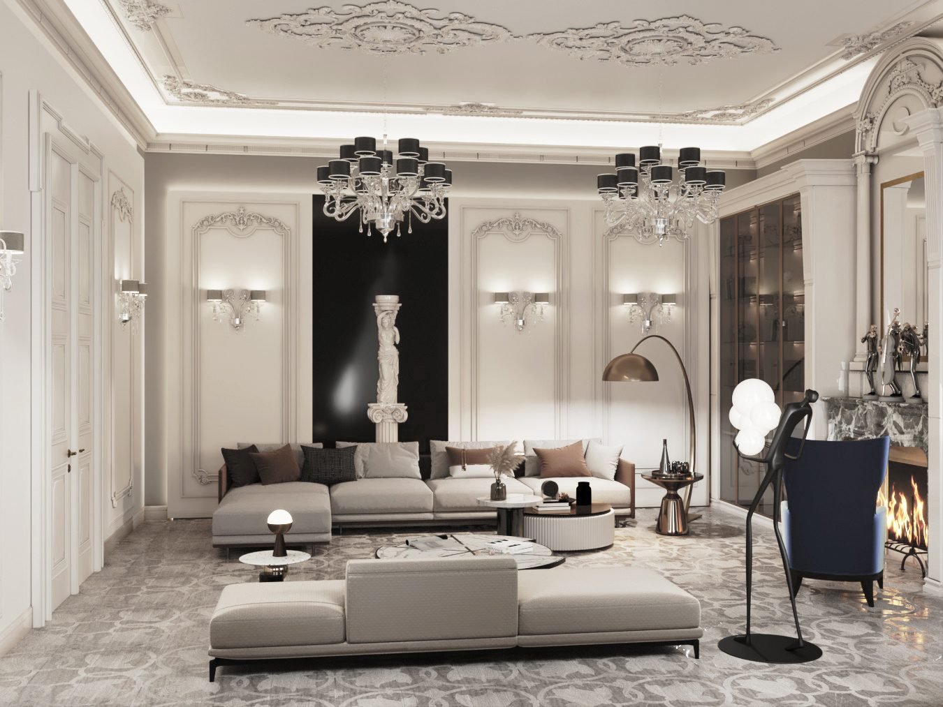 Neoclassical living room with columns, classical statue, and crystal chandeliers — European portfolio