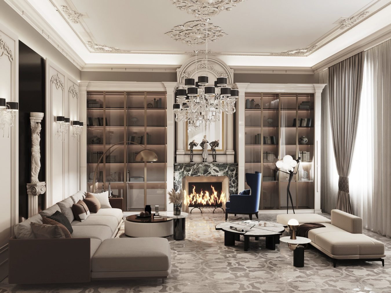 Grand neoclassical living room with green marble fireplace, crystal chandeliers, paneled walls, and herringbone floor