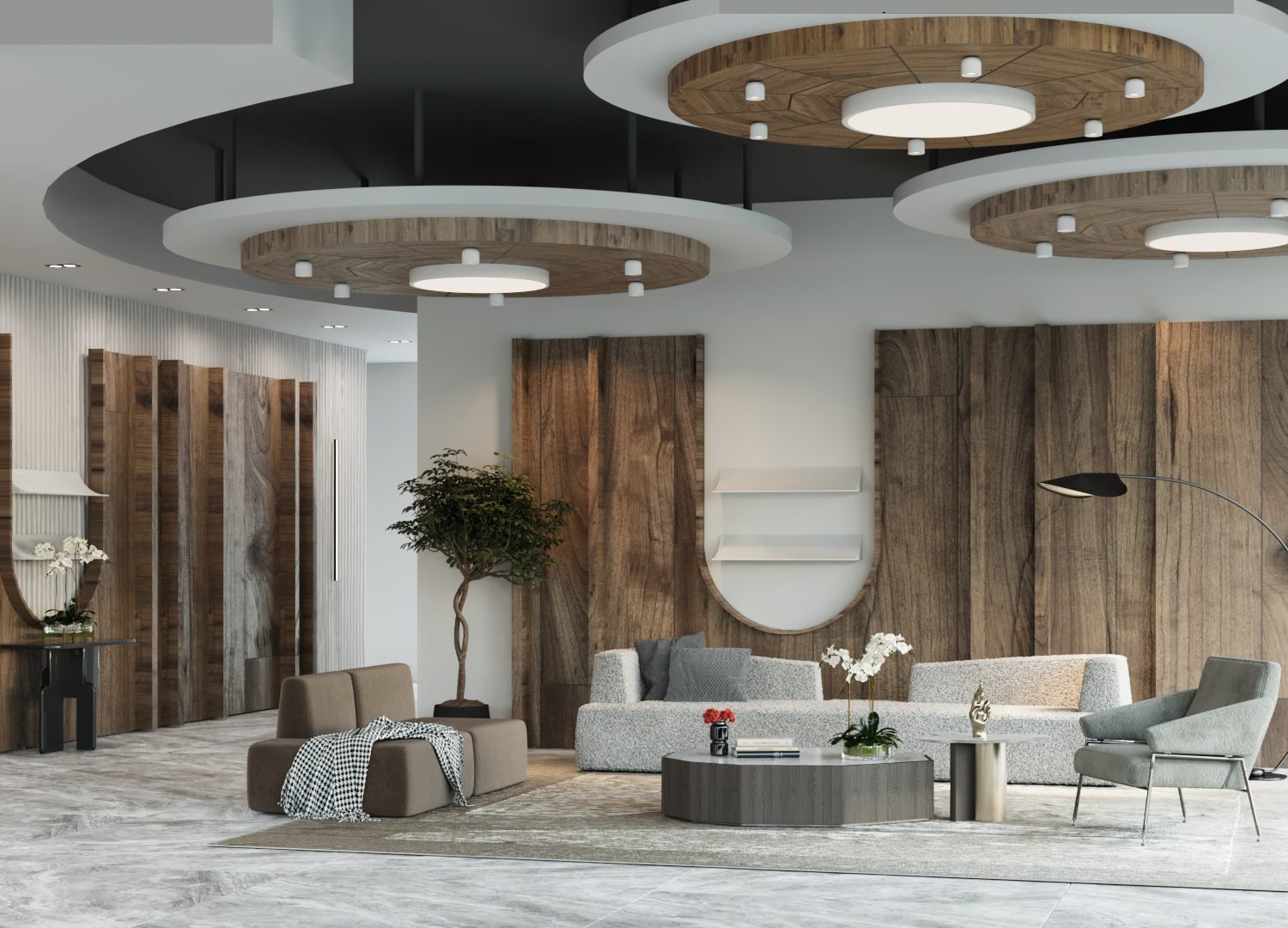 Residential lobby lounge with wood slat walls, natural stone, and black leather seating — Ventnor City, New Jersey