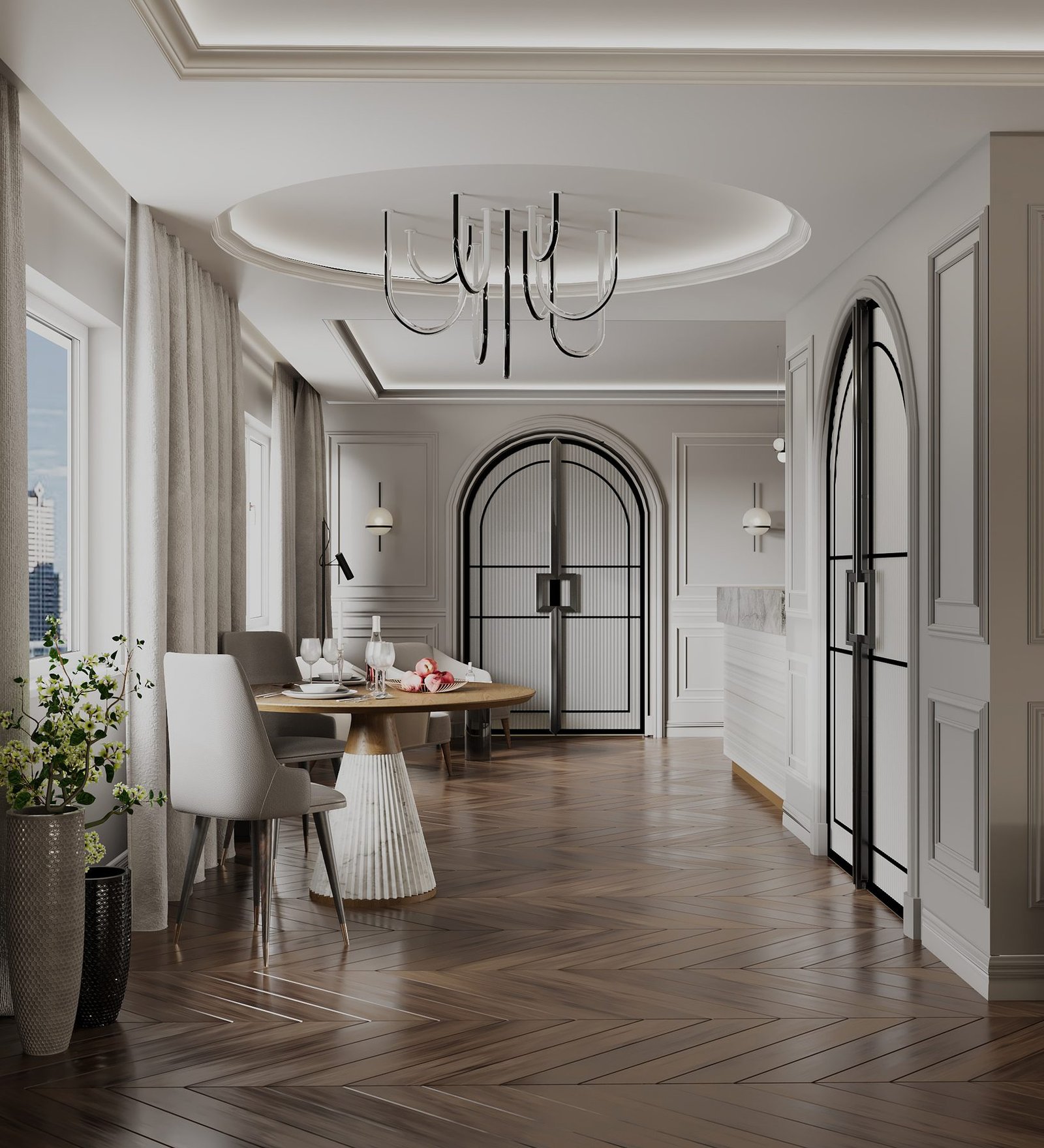 Dining hall with arched black-framed glass doors, herringbone floor, and city views — Philadelphia apartment
