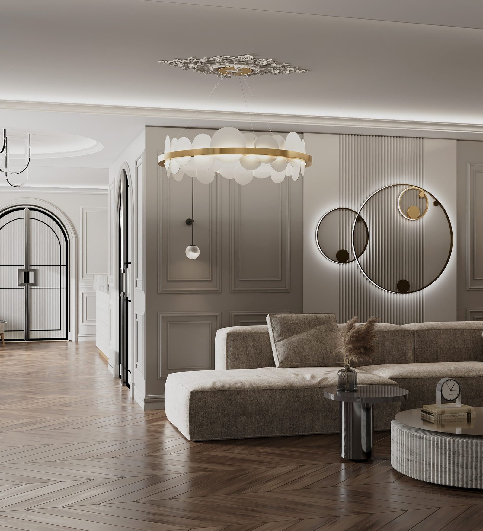 Philadelphia apartment living room visualization with paneled walls, arched glass doors, and a marble fireplace