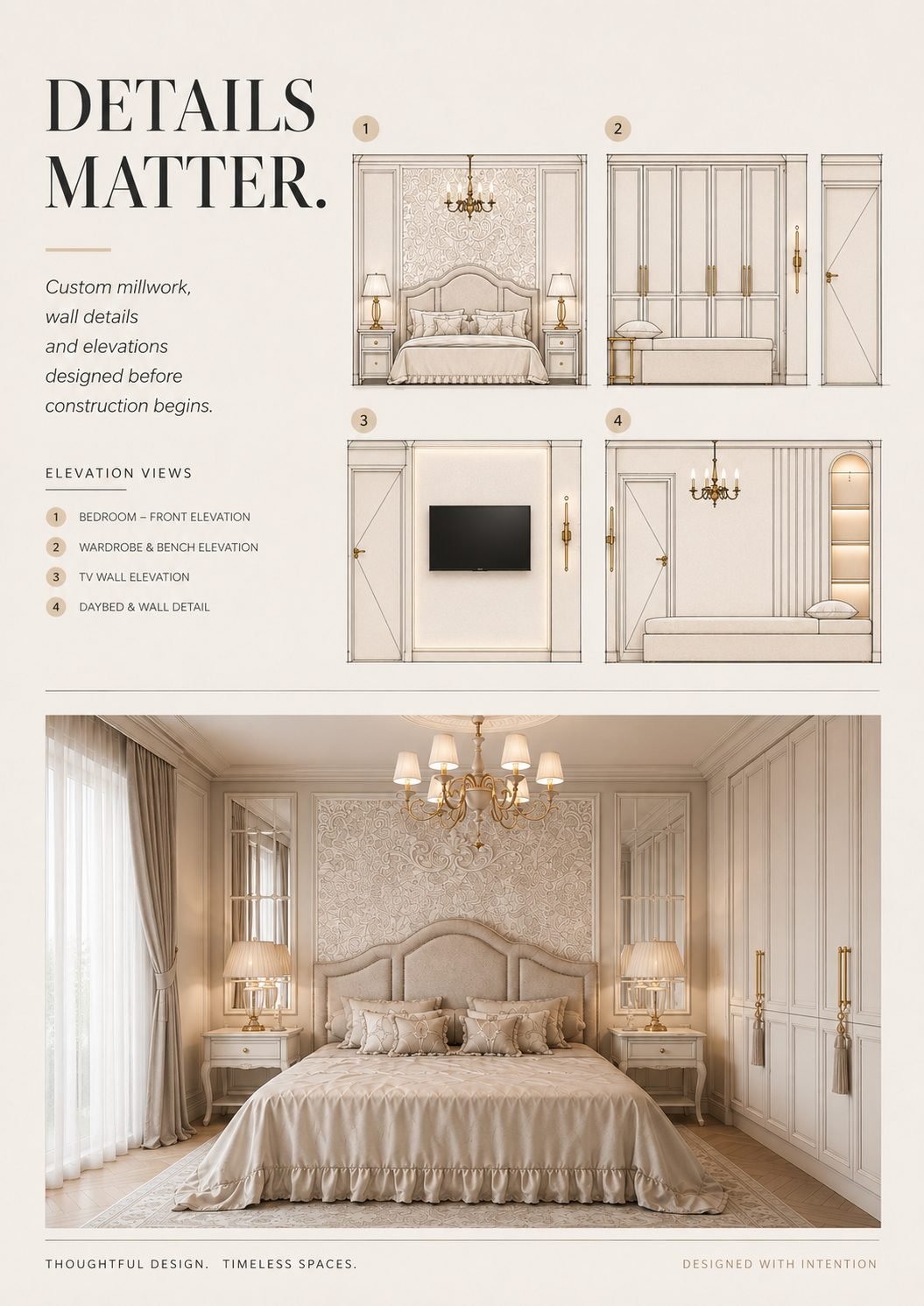 Bedroom elevation drawings for millwork, wardrobe, and TV wall beside the rendered bedroom, titled 'Details matter'