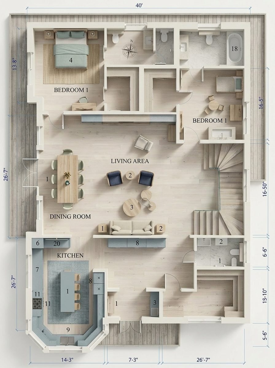 Annotated floor plan with labeled kitchen, dining room, living area, and bedrooms, including dimensions