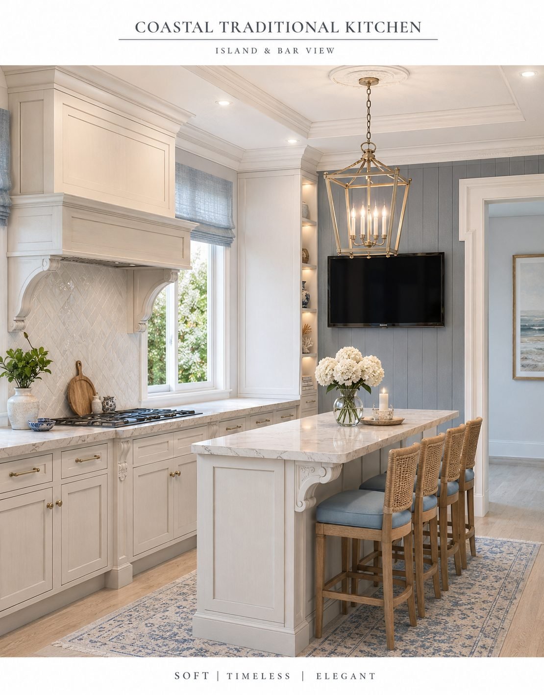 Photorealistic visualization of a coastal traditional kitchen with cream cabinetry, marble island, and brass lantern pendant