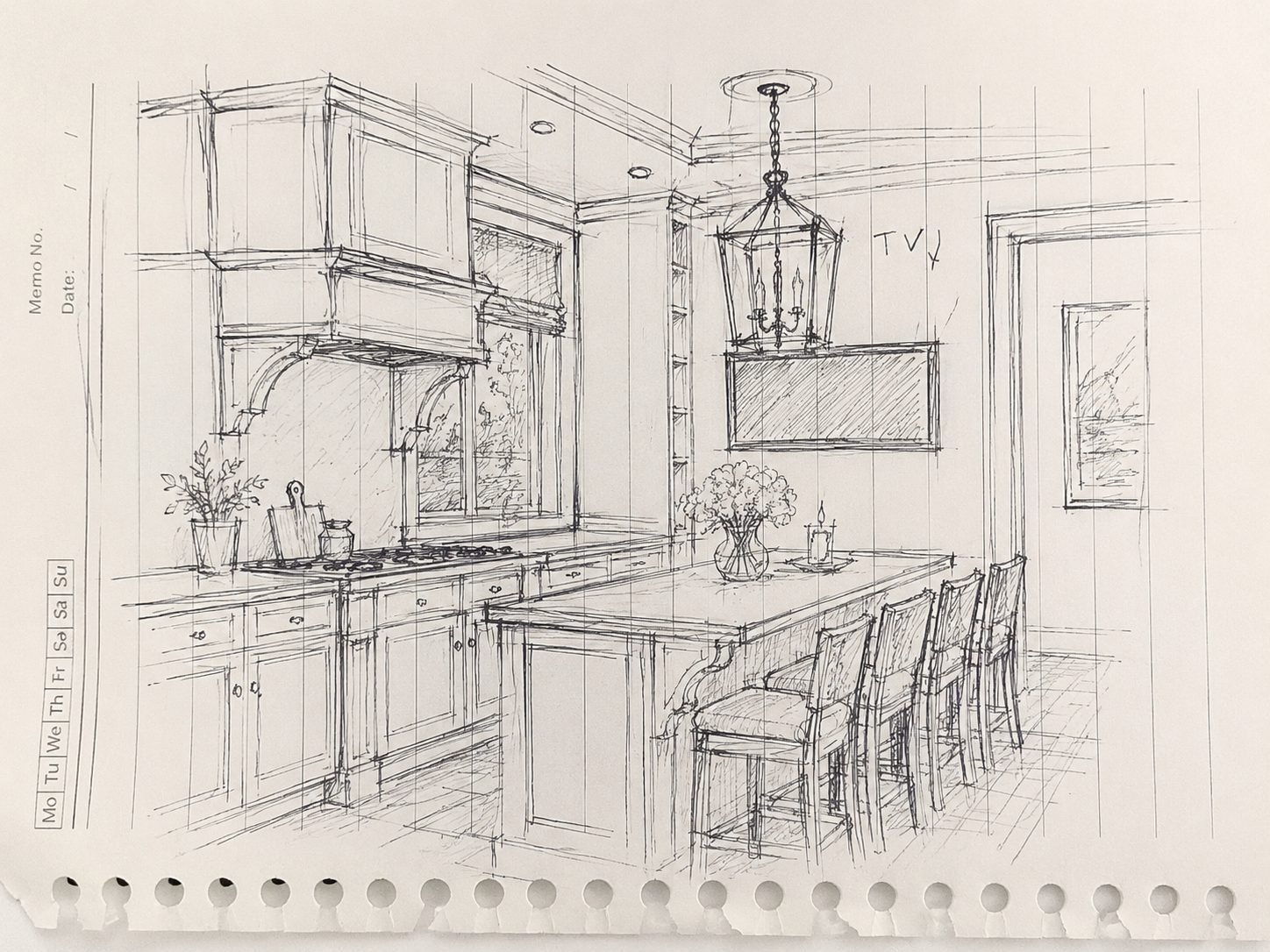 Pen sketch of a classic kitchen with island and lantern pendants, drawn on memo paper
