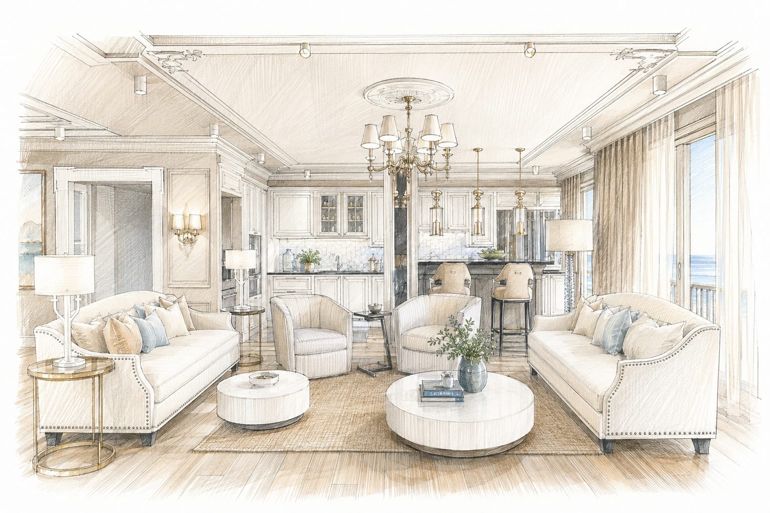 Colored hand sketch of a coastal living room and kitchen with chandelier, bar stools, and sea view