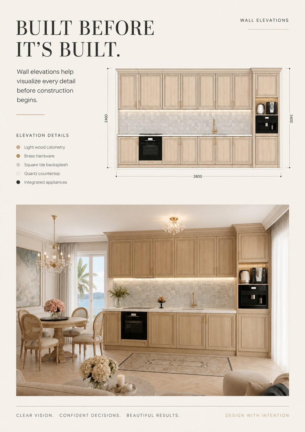 Dimensioned kitchen wall elevation above a photorealistic visualization of the proposed kitchen