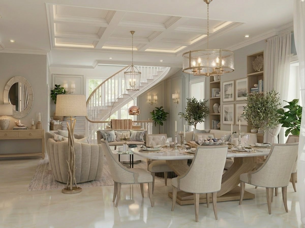 Light-filled classic living and dining room with coffered ceiling and curved staircase — 3D visualization by Marina Milczanowski