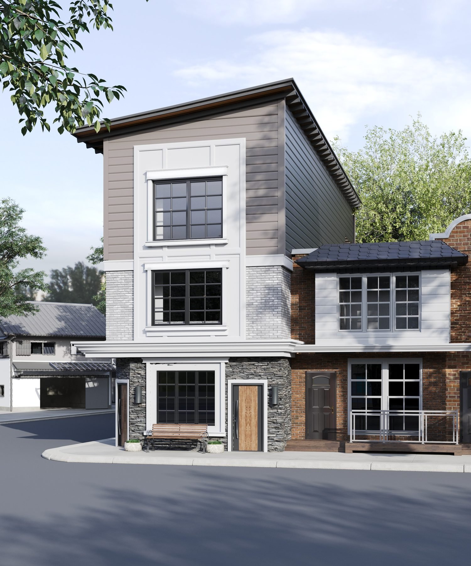 Three-story corner residence with gray siding, white brick, and stone base — exterior renovation visualization, Ventnor City