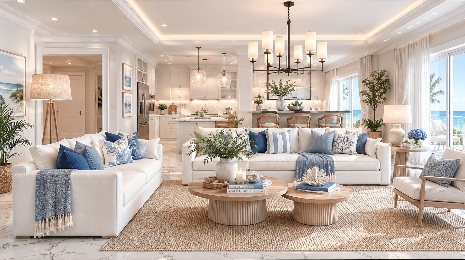 Photorealistic 3D visualization of a coastal living room and kitchen with white sofas, blue accents, and ocean views